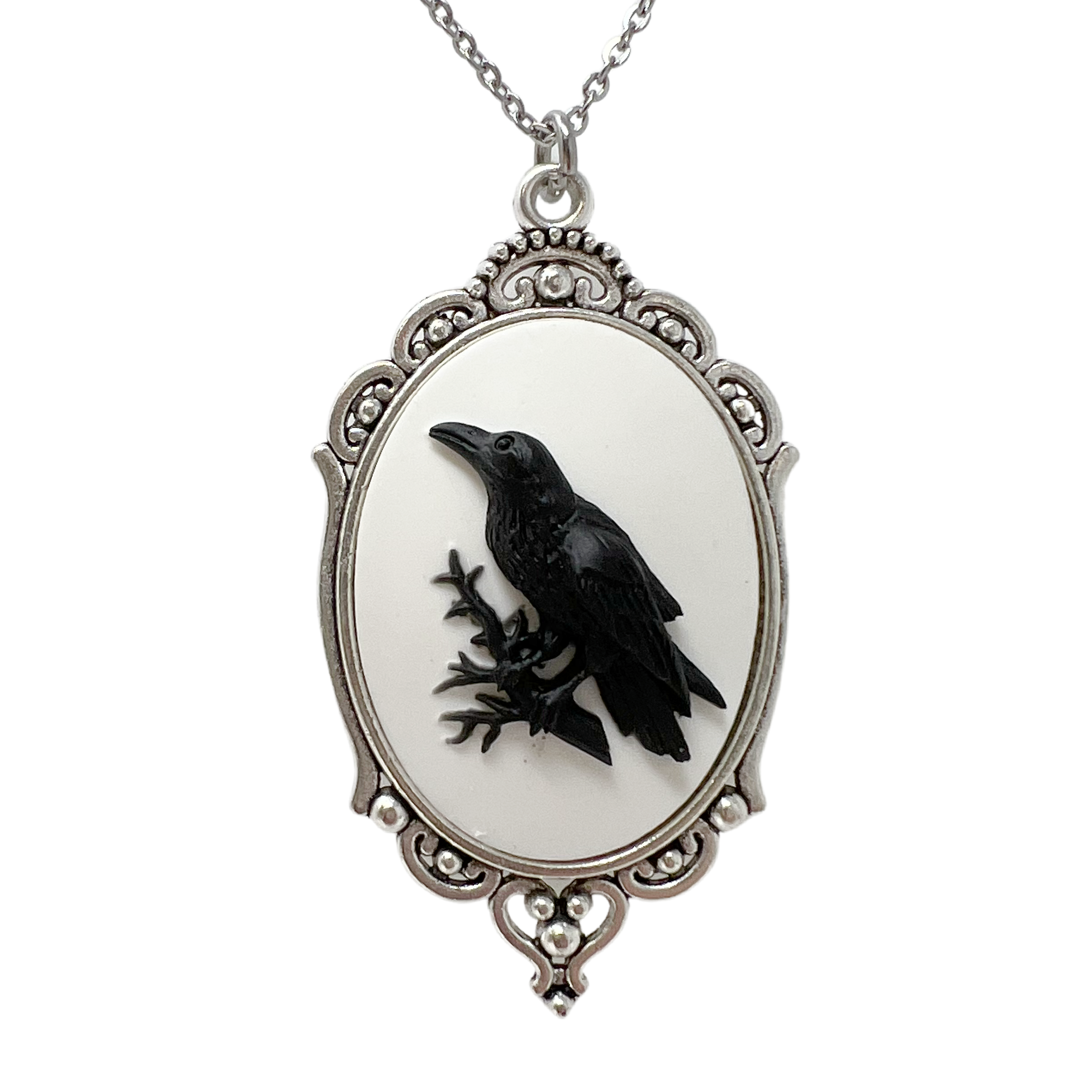 Raven Crow Necklace Gothic Victorian Cameo Dark Academia Jewelry Silver or Bronze